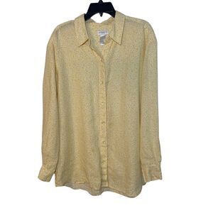 Liz Claiborne Butter Yellow Floral Long Sleeve Button Up Linen Top L Cottagecore